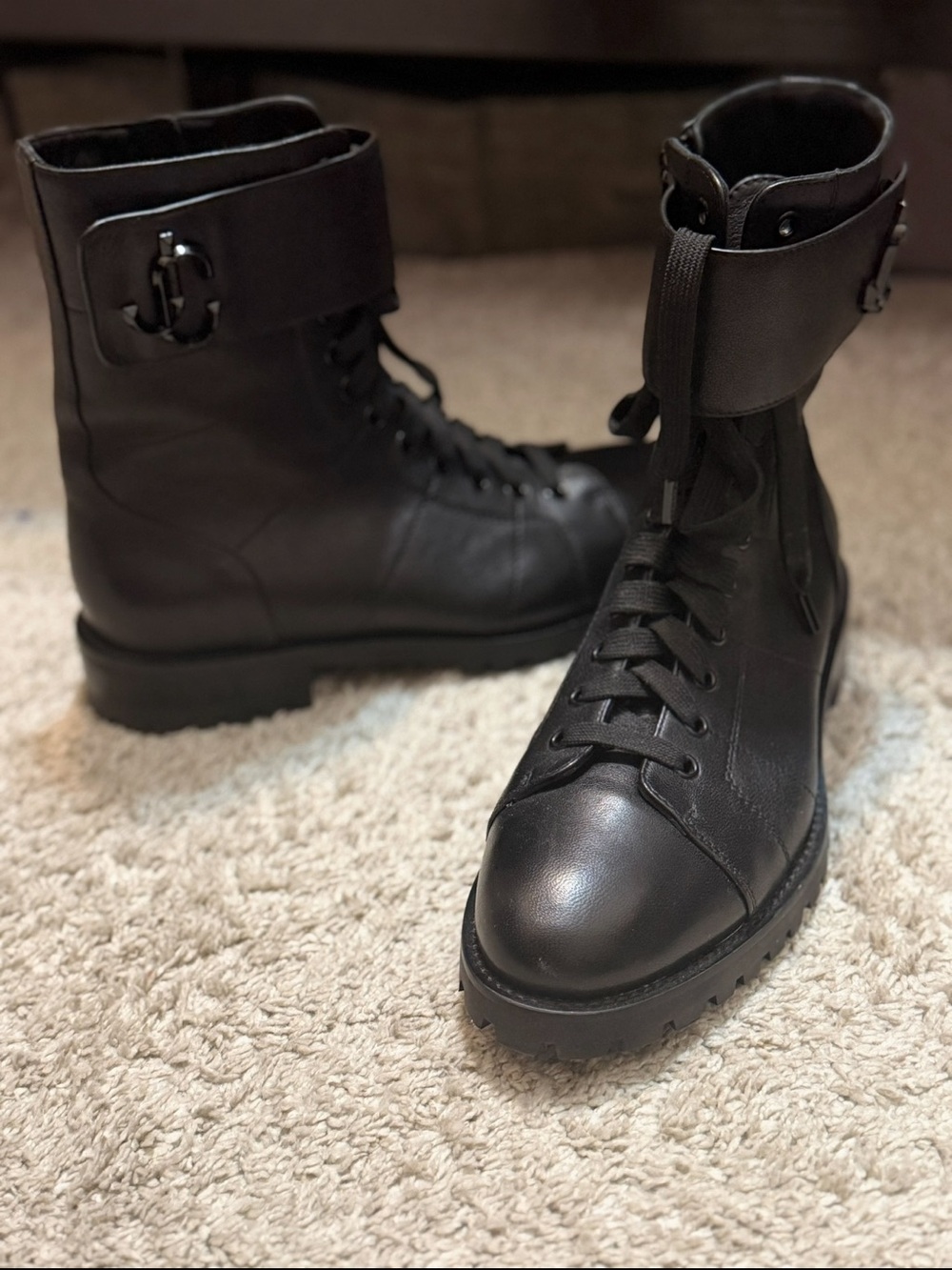 Jimmy Choo Women's Black Lace-Up Combat Boots with Fold-Over Cuff - Picture 3 of 15